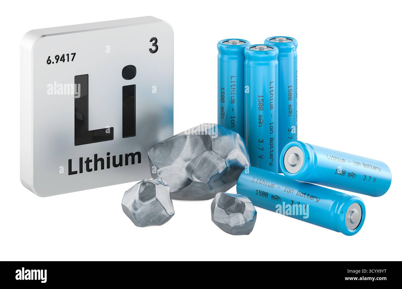 Periodenzeichen für Lithiumelement mit metallischen Erzstücken und blauen Lithium-Ionen-Batterien. 3D-Rendering isoliert auf weißem Hintergrund Stockfoto