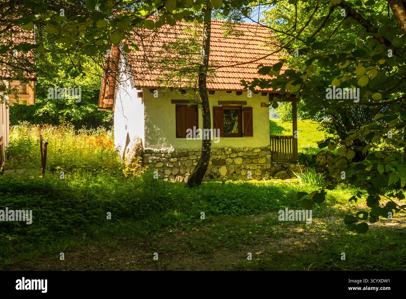 Verlassenes traditionelles Landhaus mit Terrakottafliesen Dach auf bewachsener Wiese in der Nähe von Bovec, Soča-Tal, Slowenien, umgeben von üppigem Sommervegetat Stockfoto