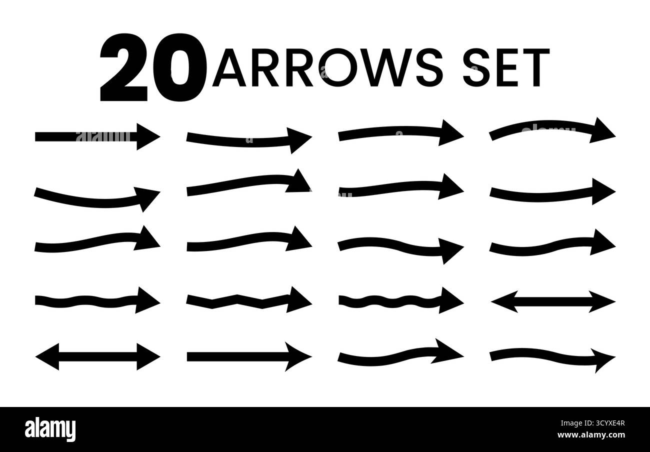 Sammlung von 20 Vektorpfeilen in verschiedenen Stilen. Richtungspfeilsymbole für Navigations-, Infografik-, Web- oder Grafikdesign-Projekte. Bearbeitbare V Stock Vektor