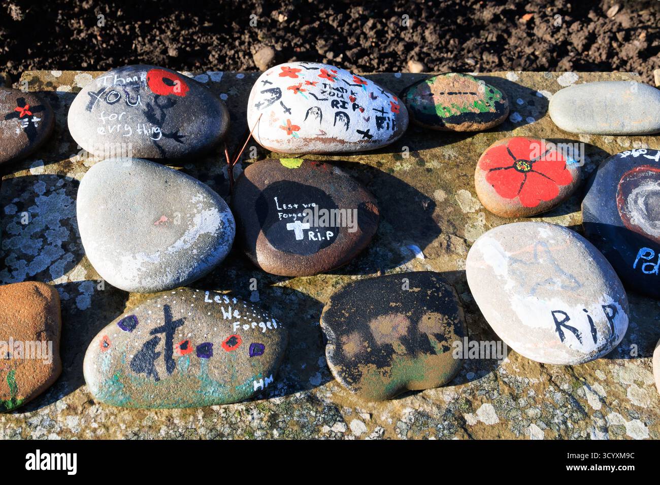 Handgemalte Steine, die an die Gefallenen beider Weltkriege erinnern, wurden im war Memorial in Kelso, Scottish Borders, Schottland, hinterlassen Stockfoto