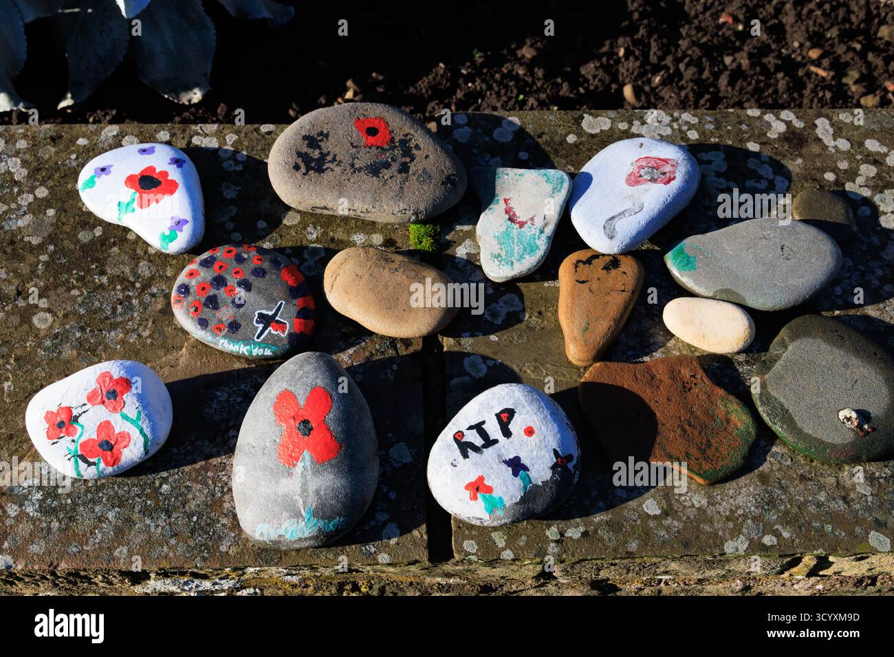 Handgemalte Steine, die an die Gefallenen beider Weltkriege erinnern, wurden im war Memorial in Kelso, Scottish Borders, Schottland, hinterlassen Stockfoto