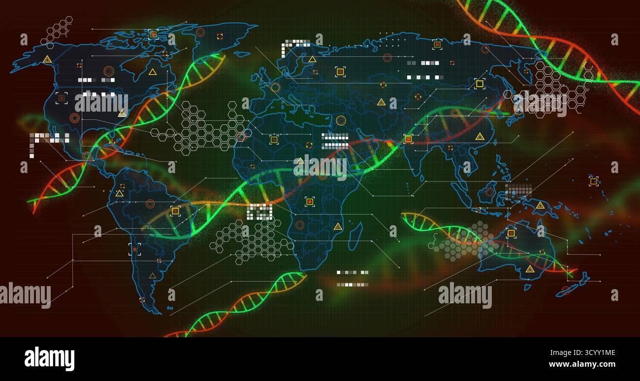 Überlagerung der Weltkarte mit Neon-DNA-Helix auf dem Bildschirm, sechseckigen Clustern und Warnsymbolen Stockfoto