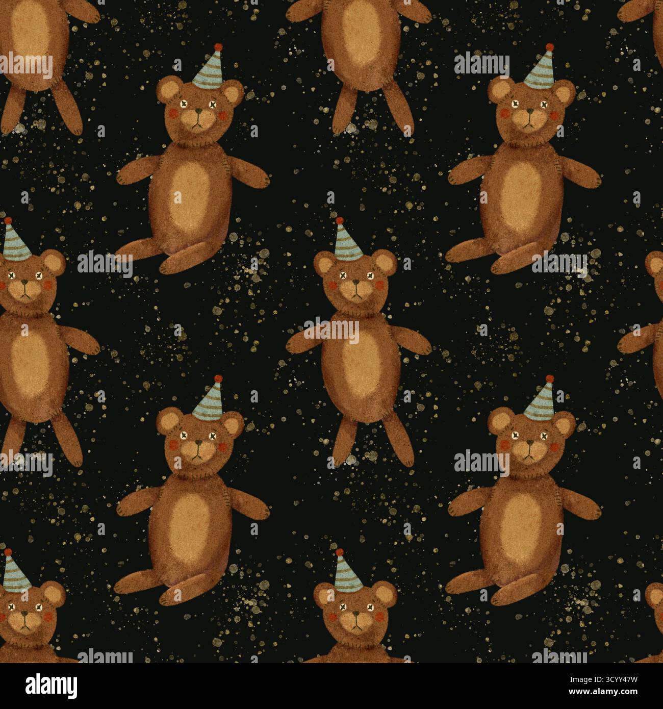 Dieses skurrile, von Hand gezeichnete nahtlose Muster aus niedlichen Teddybären in bunten Partyhüten ist perfekt für Kindermotive, lebendige Tapeten und festliche Dekorationen für fröhliche Veranstaltungen wie Geburtstage Stockfoto