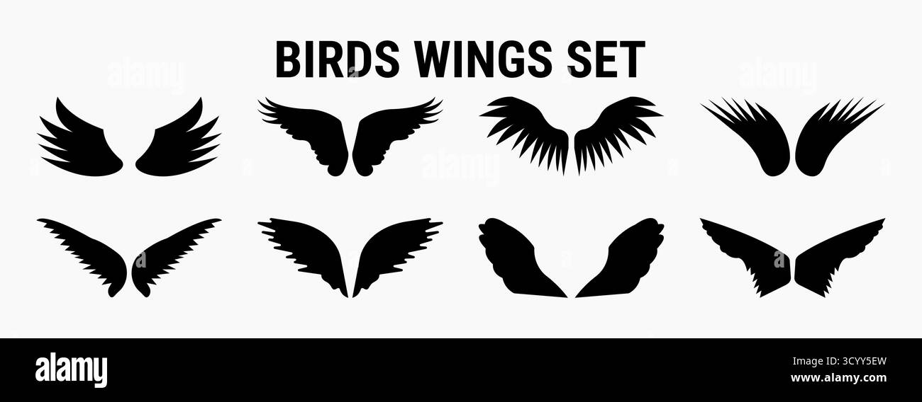 Kollektion von Vogelflügeln mit schwarzer Silhouette in verschiedenen Formen und Stilen. Perfektes Vektorset für Logos, Tattoos, Fantasy-Kunst und kreative Grafiken Stock Vektor