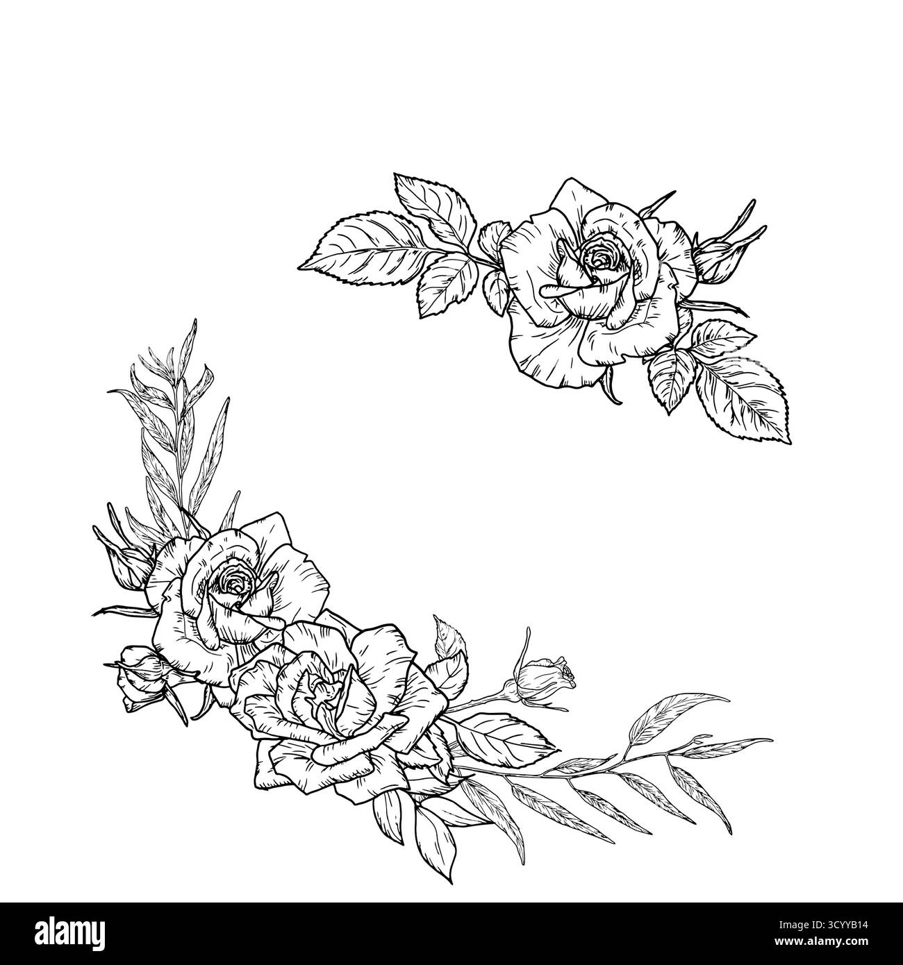 Ein Blumenstrauß aus Rosen mit Zweigen und Blättern, eine schwarz-weiße Skizze. Vektorabbildung. Blumengestell, Ecke, isoliert auf weißem Hintergrund. Gracefu Stock Vektor