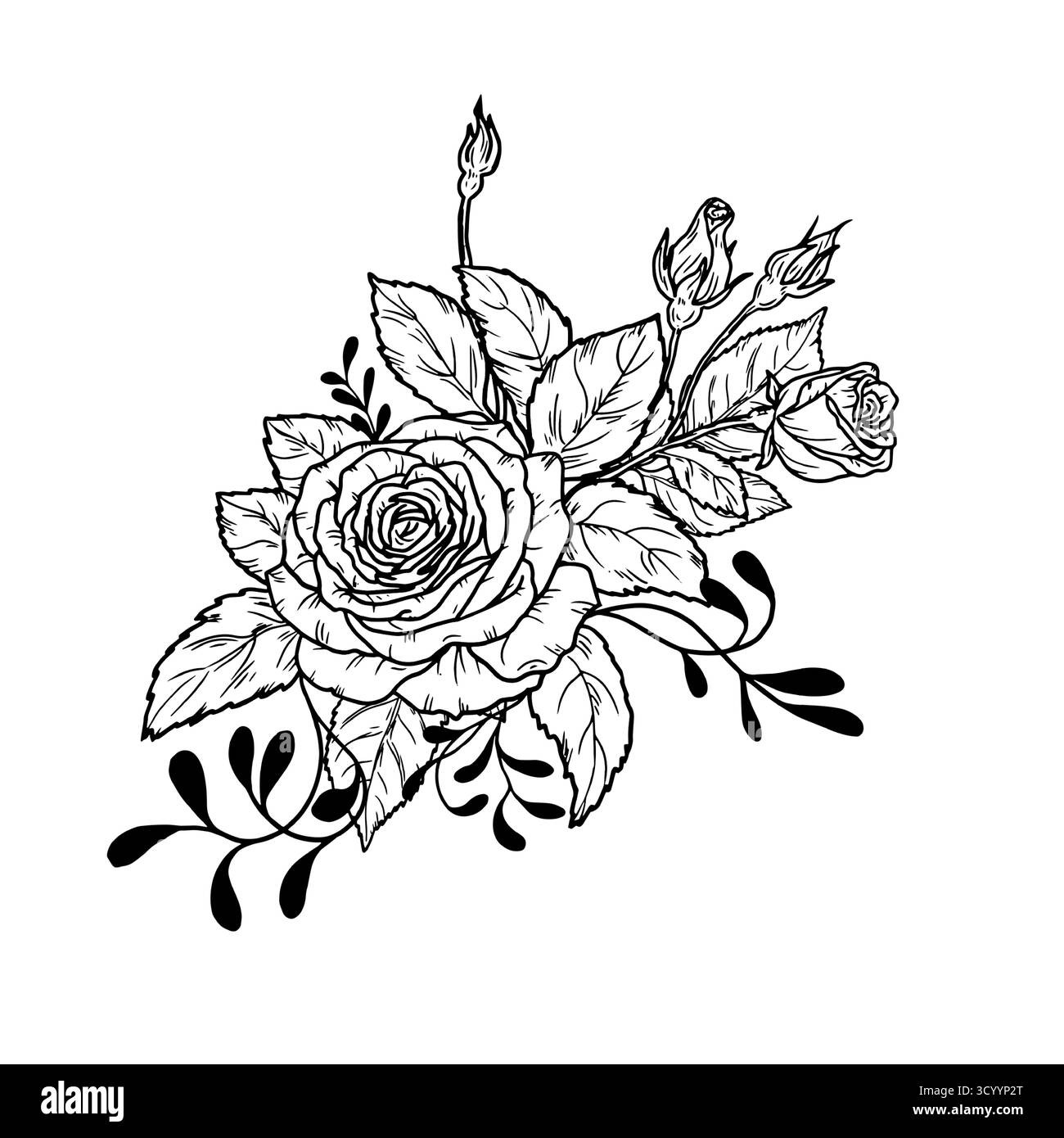 Ein Blumenstrauß aus Rosen mit Zweigen und Blättern, eine schwarz-weiße Skizze. Vektorabbildung. Eine blühende Rose mit Knospen, isoliert auf weißem Hintergrund. Bo Stock Vektor