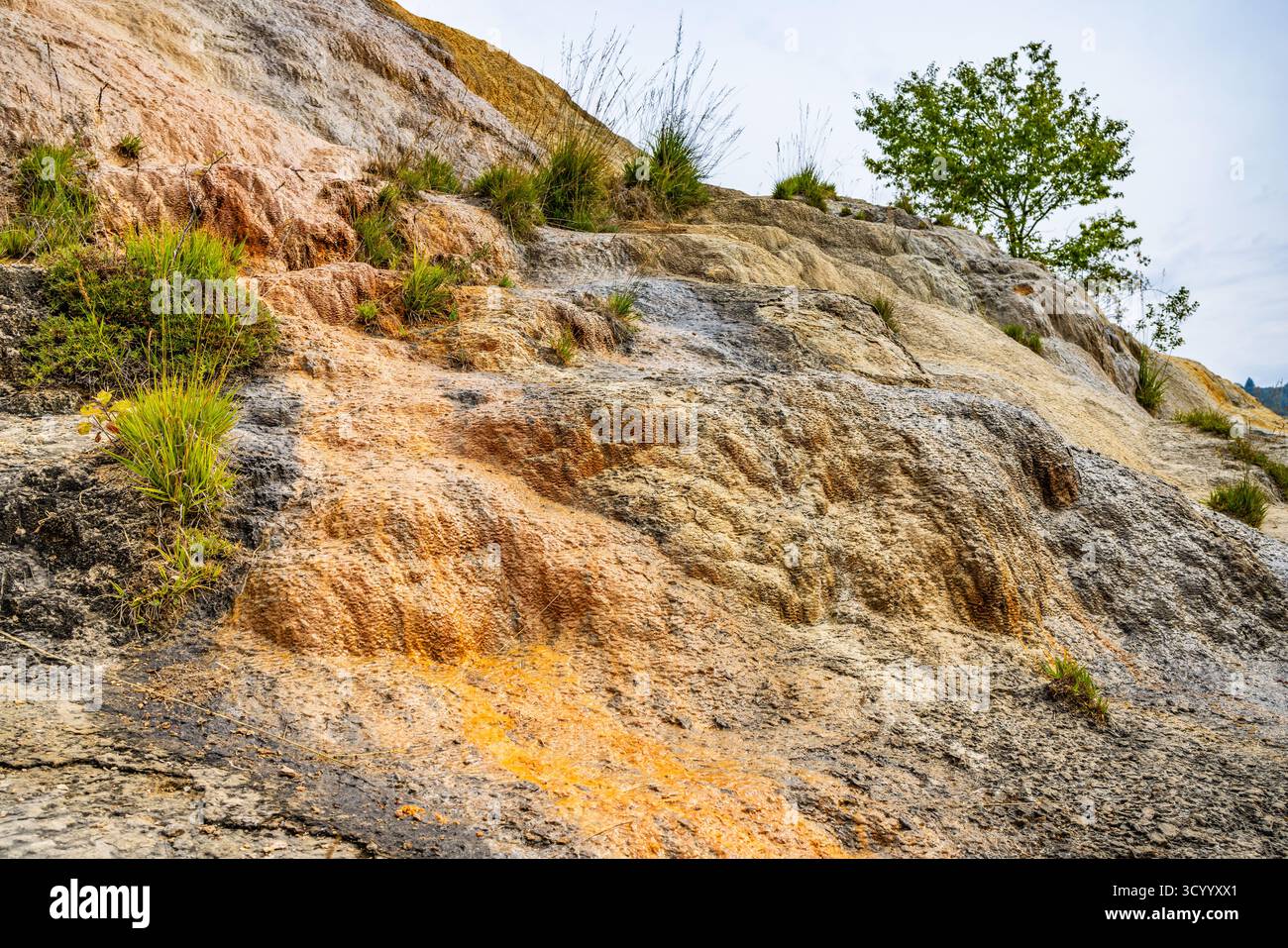 Travertine, Felsformation, natürliche Schöpfung in Besenova, Slowakei. Enthält Thermalquellen mit Mineralwasser, reich an Kalzium, Magnesium und ir Stockfoto