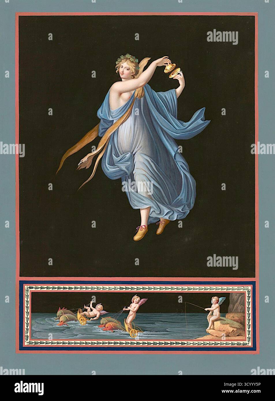 Michelangelo Maestri - allegorisches Gemälde einer tanzenden Mänade von Michelangelo Maestri. Es ist inspiriert von römischen Fresken aus Pompeji und Herculaneum und wurde wahrscheinlich im späten 18. Oder frühen 19. Jahrhundert geschaffen. Das Gemälde zeigt eine tanzende Frau, die möglicherweise eine Allegorie des Sommers darstellt, im oberen Teil des Werkes. Der untere Teil des Bildes zeigt einen Fries von Cherubs, die in einem Gewässer spielen. Dieses Stück ist Teil einer größeren Reihe von Werken Maestri, die auf klassischen Motiven basieren. Stockfoto