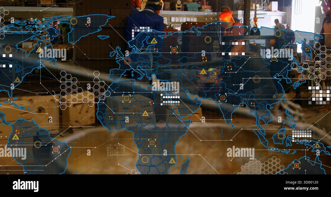 Zusammenarbeitende Techniker in Sicherheitsausrüstung, die holographische Überlagerungen am Werkbank und im Kopierraum untersuchen Stockfoto