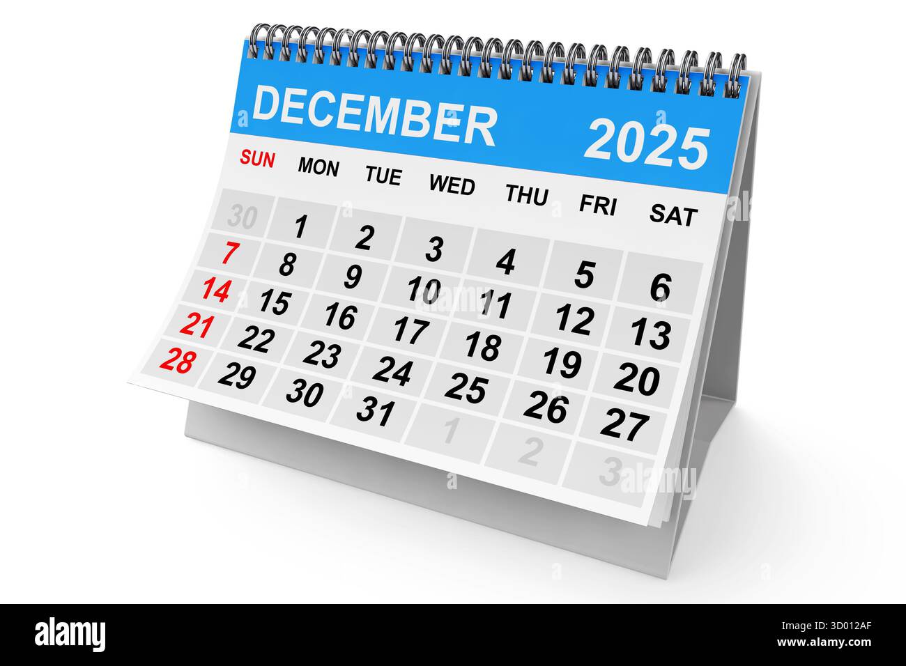 Dezember-Kalender 2025 auf weißem Hintergrund. 3D-Rendering Stockfoto