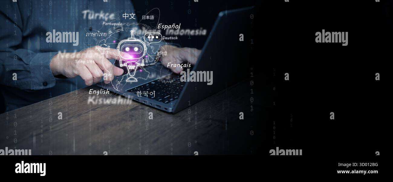 KI-Übersetzungs- und Sprachtechnologie mit Chatbot-Assistent und globalem Netzwerk. Künstliche Intelligenz, intelligente Kommunikation, maschinelles Lernen und m Stockfoto