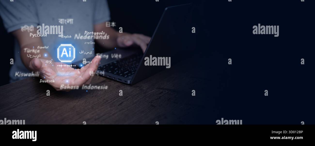 Moderne KI-Übersetzungstechnologie visuell mit frei beweglichen Sprachen um die Hand mit Laptop, symbolisiert mehrsprachige Kommunikation, maschinelles Lernen und Stockfoto