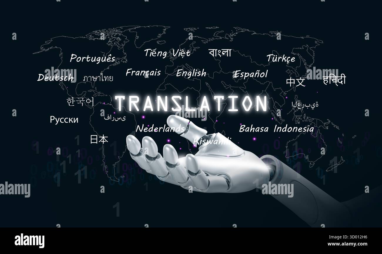 KI-Übersetzungskonzept. Roboterhand, digitale Weltkarte und mehrsprachige Texte für künstliche Intelligenz, intelligente Übersetzungskommunikation, Stockfoto