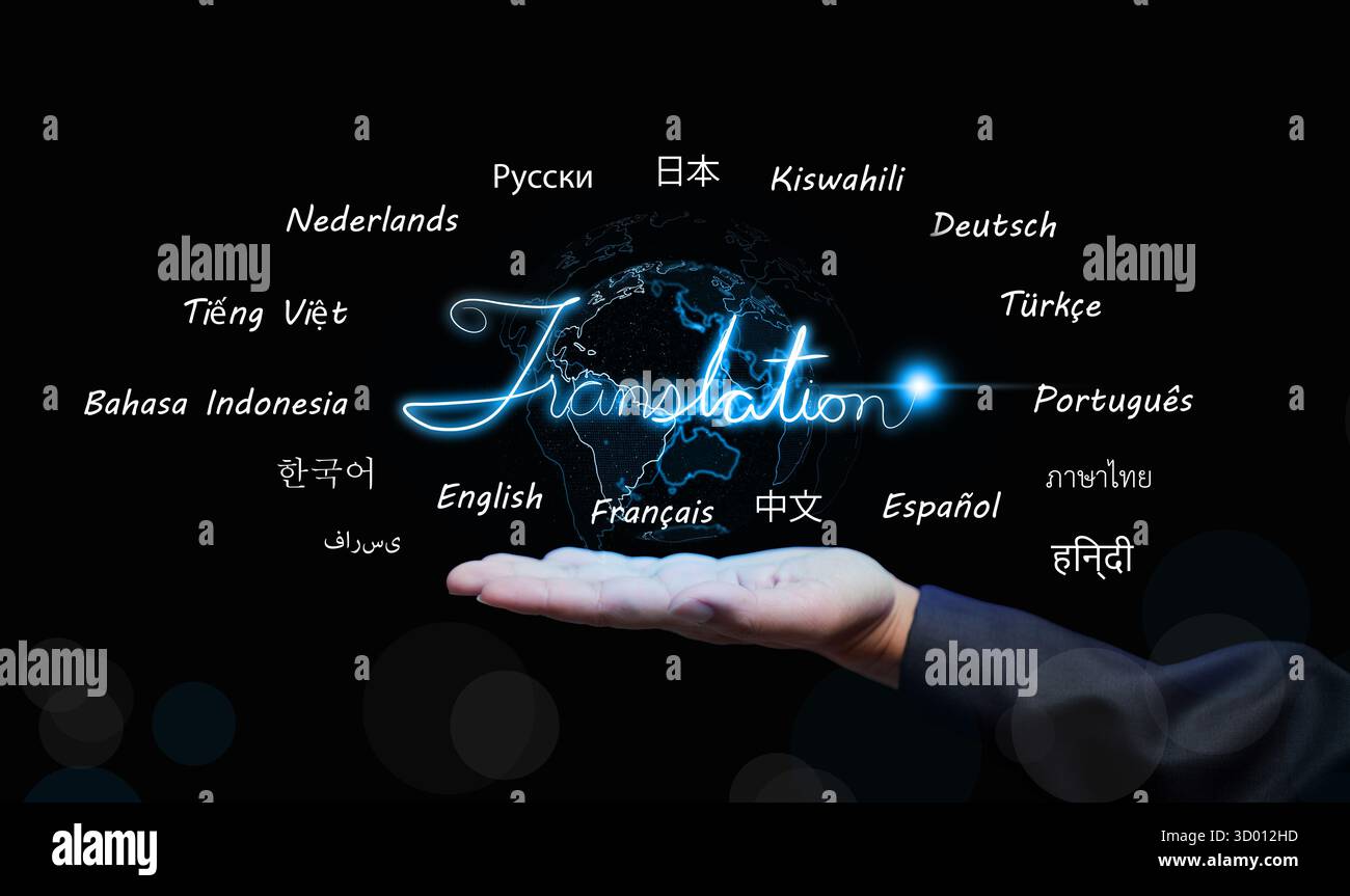 Visualisierung der Übersetzungstechnologie. Übersetzungstext und Weltkarte als Symbol für die Globalisierung der Sprache, intelligentes Kommunikationsnetzwerk und tr Stockfoto