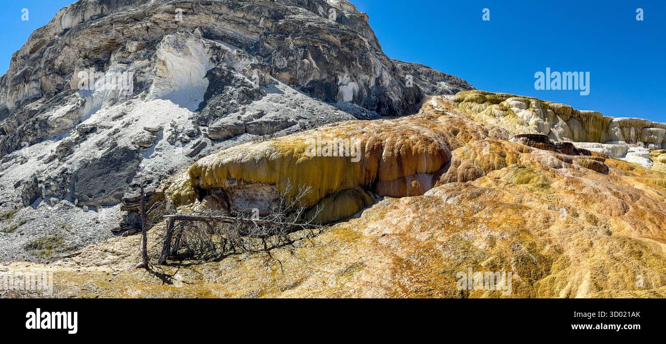 Malerischer Panoramablick auf die farbenfrohen Minerallagerstätten auf den Travertine-Terrassen der Mammoth Hot Springs im Yellowstone National Park. Nein p - Smartphone-aufgenommenes Stockfoto