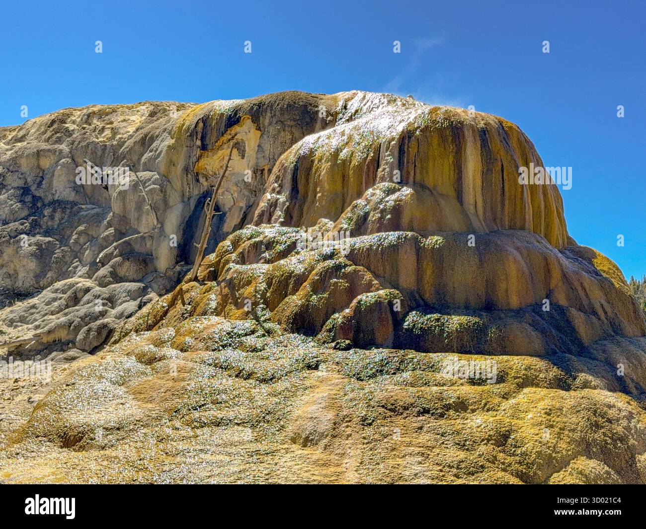 Malerischer Blick auf die farbenfrohen Mineralvorkommen auf den Travertine-Terrassen in den Mammoth Hot Springs im Yellowstone National Park. Keine Personen. - Smartphone-aufgenommenes Stockfoto