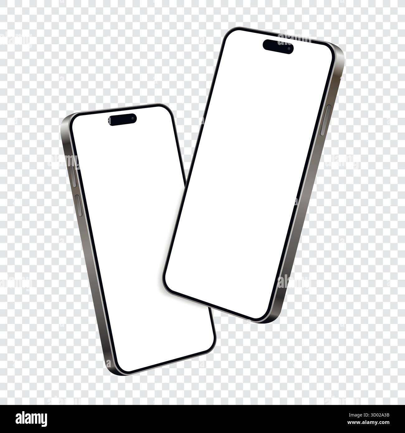 Zwei Smartphones mit leeren Bildschirmen, während sie in der Luft auf der transparenten Gitterebene schweben. Vektorabbildung. Stock Vektor