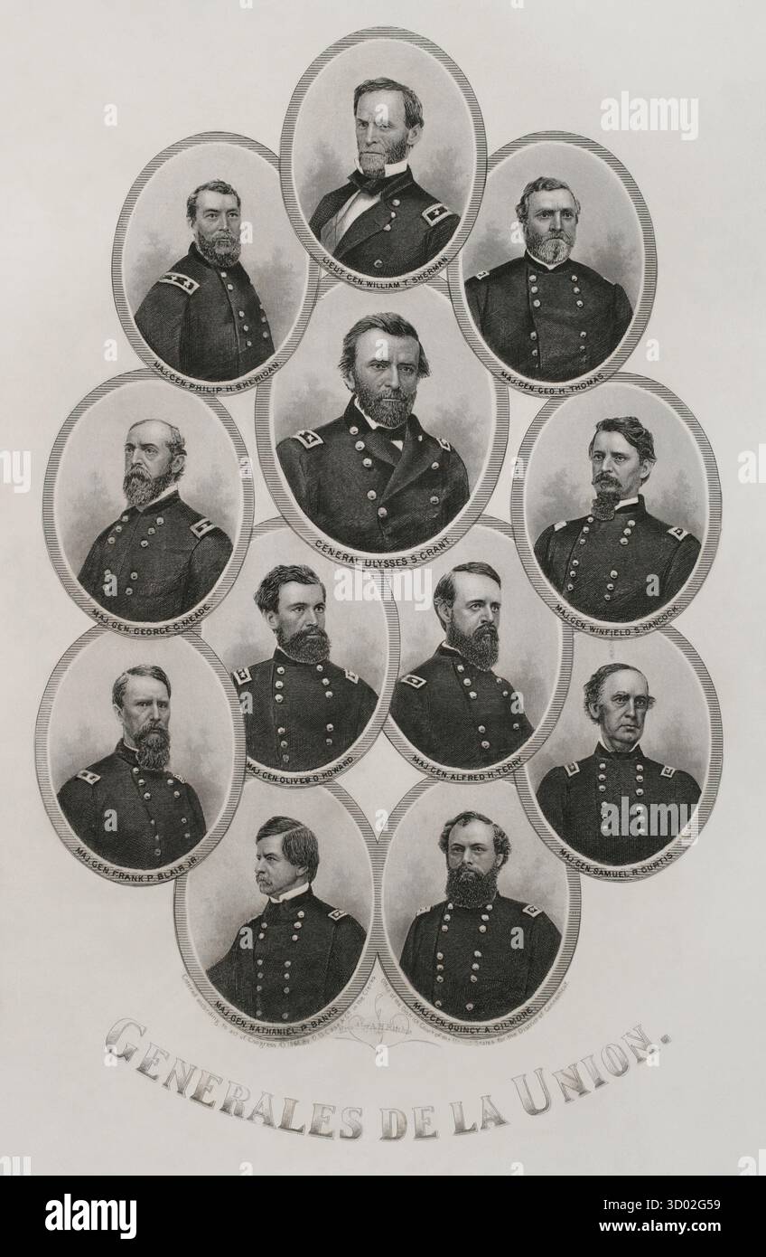Usa. Amerikanischer Bürgerkrieg (1861–1865). Gewerkschaftsgeneräle des Bürgerkriegs. Von oben nach unten und von links nach rechts: Generalleutnant William T. Sherman (1820-1891), Generalmajor Philip H. Sheridan (1831-1888), Generalmajor George H. Thomas (1816-1870), Generalmajor George G. Meade (1827-1872), General Ulysses S. Grant (1805-1866), Generalmajor Winfield S. Hancock (1824-1886), Generalmajor Frank P. Blair Jr. (1821-1875), Generalmajor Oliver O. Howard, Generalmajor General General General General Oliver, Generalmajor General General General General General General General Teraniel (1830-1890-1909-1885-1822-1815--, Generalmajor General--R. Stockfoto