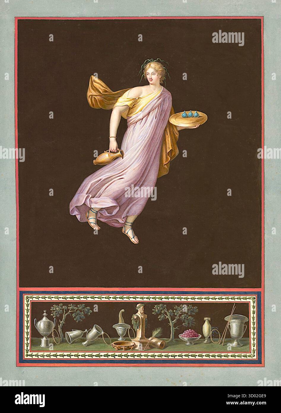 Michelangelo Maestri – das Hauptbild zeigt eine Frau, die in einem fließenden klassischen Kleid aus Rosa und Gold gekleidet ist und vor dunklem Hintergrund tanzt. Sie hält eine Schüssel und einen Krug, möglicherweise eine Maenad oder Bacchante, einen Anhänger des römischen Gottes Bacchus. Das Gemälde zeigt unten einen dekorativen Fries, der verschiedene klassische Objekte und Figuren zeigt. Dieser Malstil, der oft von Fresken aus antiken römischen Städten wie Pompeji und Herculaneum inspiriert wurde, wurde während der neoklassischen Zeit populär. Stockfoto