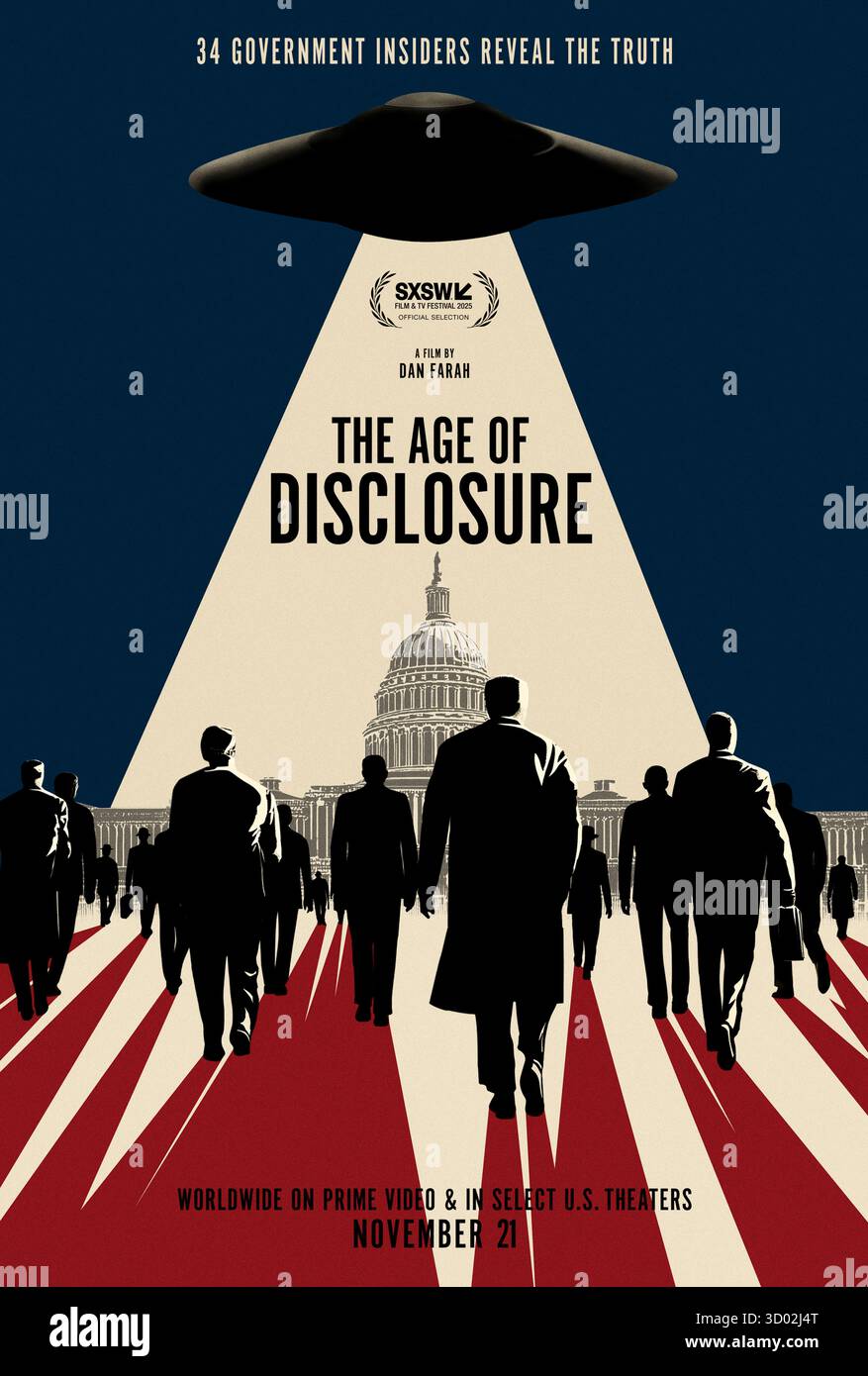 The Age of Disclosure (2025) von Dan Farah mit Lue Elizondo, Jay Stratton und Marco Rubio. Dieser Dokumentarfilm untersucht eine angebliche achtzigjährige Vertuschung und deckt Zeugenaussagen und Beweise von außerirdischem Leben und geheimen Regierungsprogrammen auf. NUR FÜR REDAKTIONELLE ZWECKE des Werbeplakats. Kredit: BFA/Amazon Prime Video Stockfoto