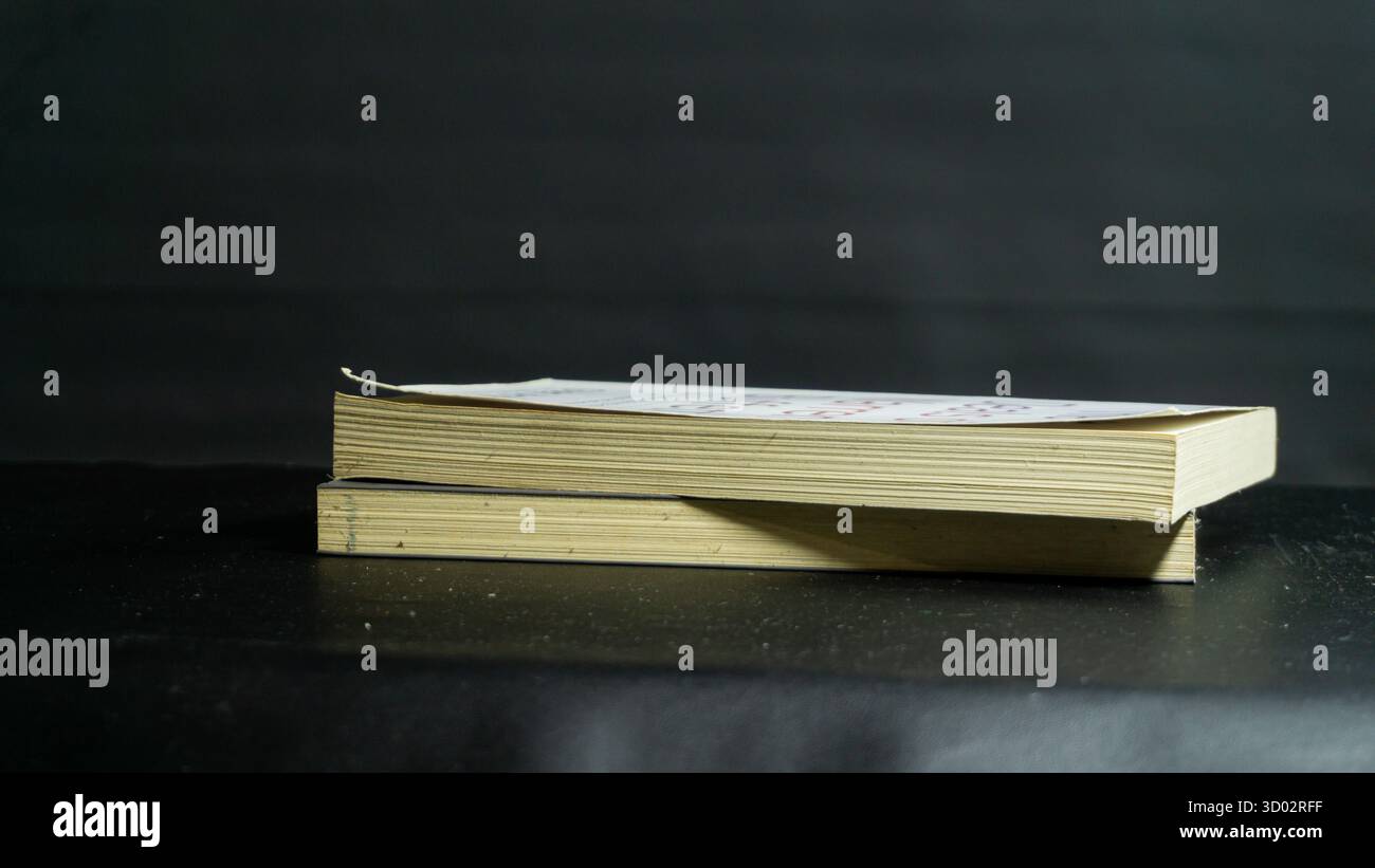 Zwei gestapelte Bücher isoliert auf schwarzem Hintergrund, minimales Stillleben mit klassischem akademischem Ton und dramatischem Kontrast in einfacher Studiobeleuchtung Stockfoto