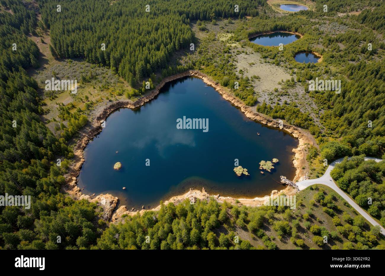 Ein großer blauer See, umgeben von dichtem grünen Wald Stockfoto