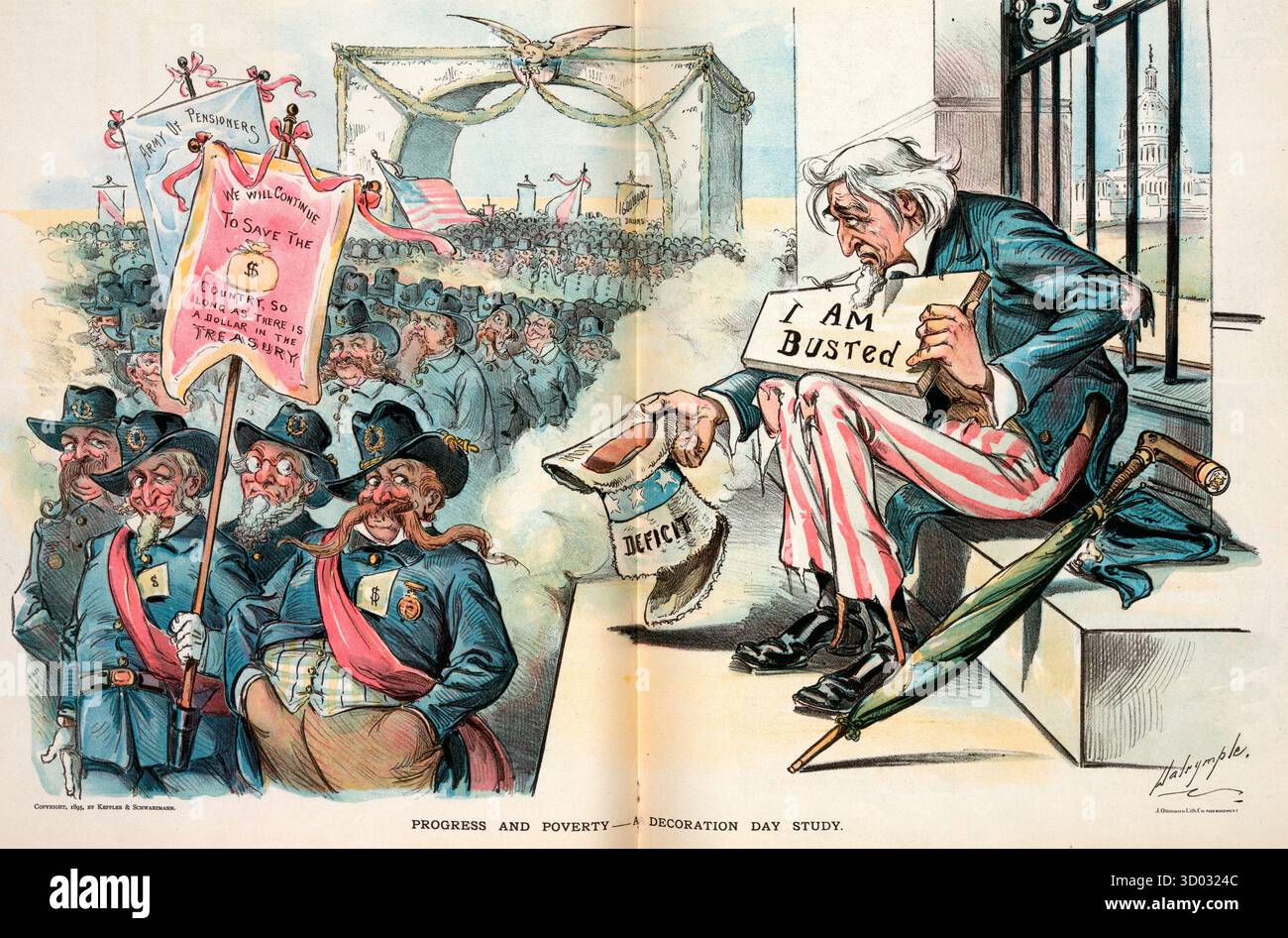 Fortschritt und Armut - ein Dekorationstag / Dalrymple. Der Zusammenfassungsdruck zeigt Wellen von Veteranen, die am „Tag der Dekoration“ durch einen Gedenkbogen marschieren und Banner mit den Aufschriften „Wir werden das Land weiterhin retten, solange es einen Dollar im Finanzministerium gibt“ und „Armee der Rentner“ tragen. Auf der rechten Seite sitzt Onkel Sam in zertrümmerten Kleidern auf einer Stufe mit dem US-Kapitol im Hintergrund, er hält seinen Hut mit der Aufschrift „Defizit“ und ein Schild mit der Aufschrift „Ich bin kaputt. Politischer Cartoon, 1895 Stockfoto