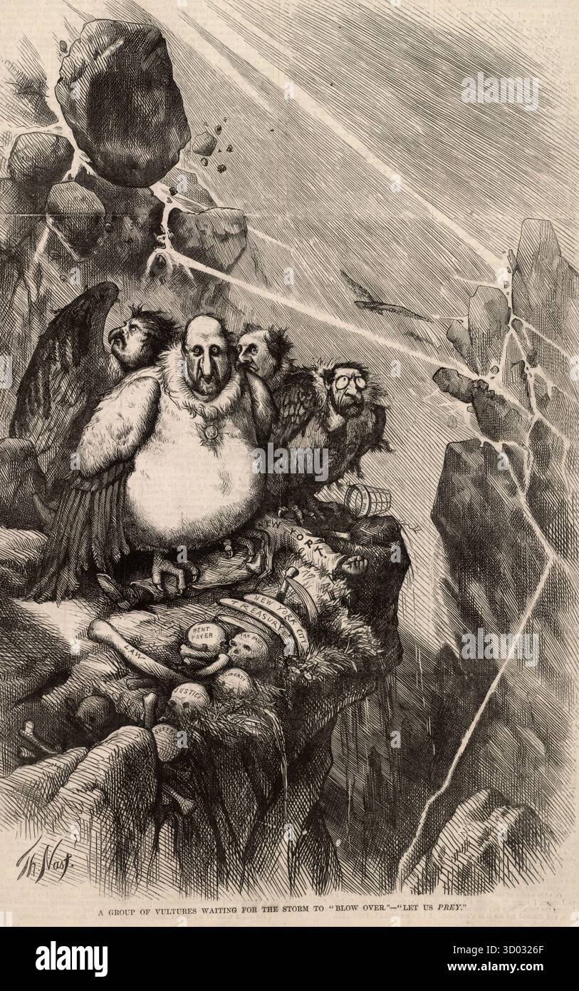 Eine Gruppe von Geiern, die darauf warten, dass der Sturm „überspringt“ – „Lass uns Beute“ / Th Nast. Die Abbildung zeigt William 'Boss' Tweed und Mitglieder seines Rings, Peter B. Sweeny, Richard B. Connolly und A. Oakey Hall, die einen heftigen Sturm auf einem Felsvorsprung mit den überholten Überresten von New York City überstanden haben. Politischer Cartoon 1871 Stockfoto Eine Gruppe von Geiern, die darauf warten, dass der Sturm „überspringt“ – „Lass uns Beute“ / Th Nast. Die Abbildung zeigt William 'Boss' Tweed und Mitglieder seines Rings, Peter B. Sweeny, Richard B. Connolly und A. Oakey Hall, die einen heftigen Sturm auf einem Felsvorsprung mit den überholten Überresten von New York City überstanden haben. Politischer Cartoon 1871 Stockfoto