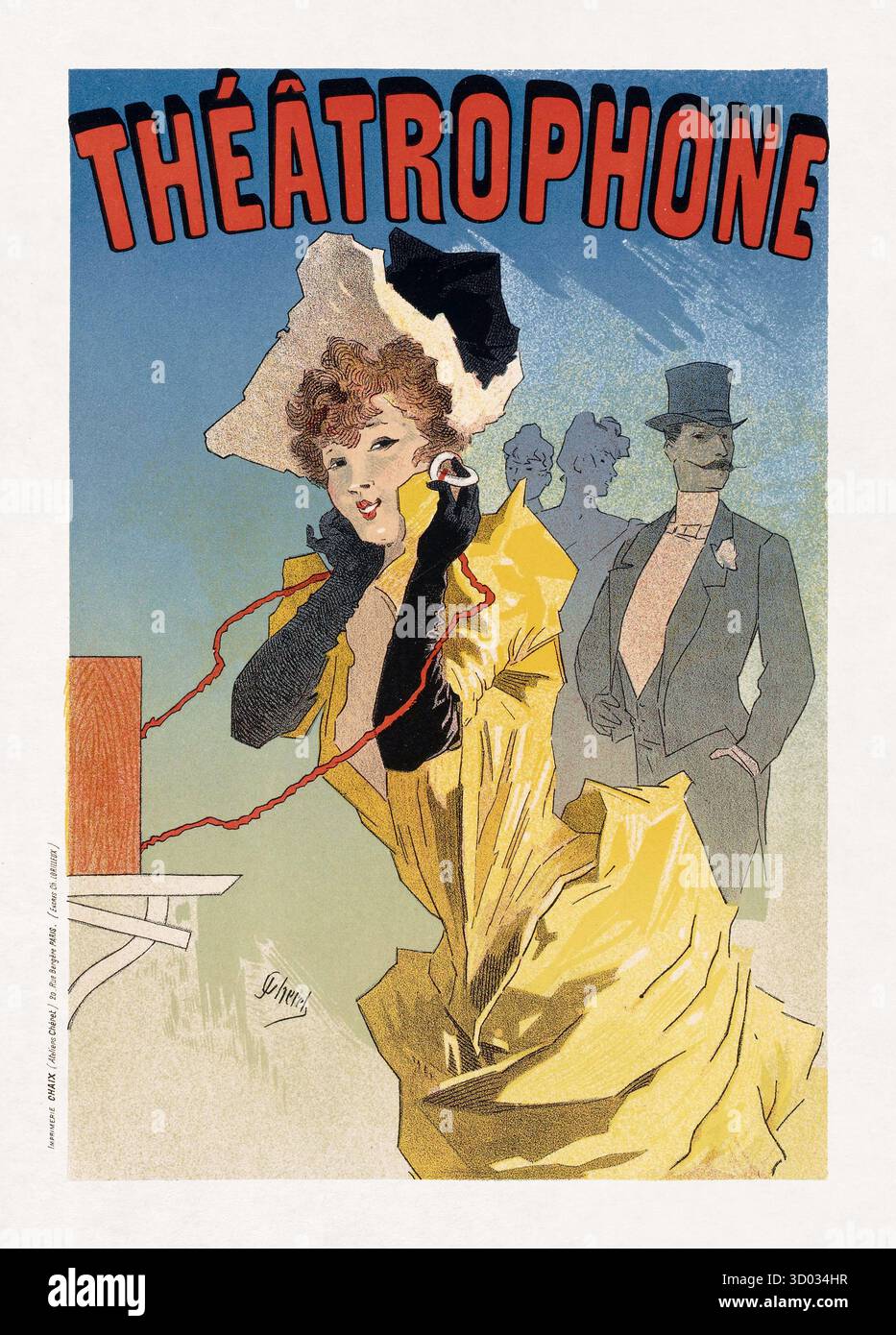 Farblithographie von Jules Chéret zur Förderung des Théâtrophone, eines Telefonverteilungssystems, das es den Abonnenten ermöglichte, Oper und die zu hören Stockfoto