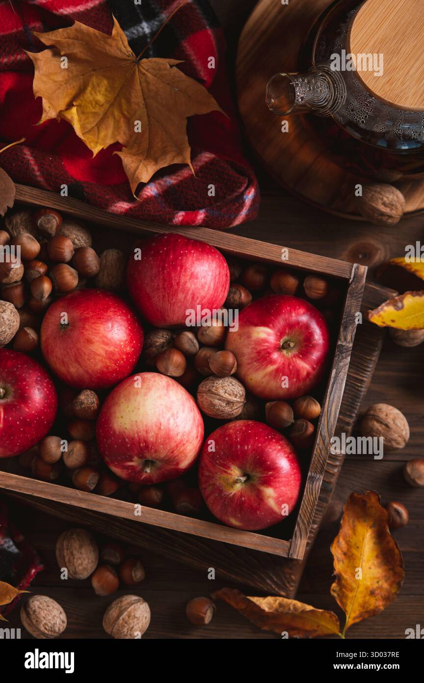 Gemütliches Stillleben im Herbst mit Äpfeln, Nüssen und Tee auf einem Holztisch und vertikalem Blick Stockfoto Gemütliches Stillleben im Herbst mit Äpfeln, Nüssen und Tee auf einem Holztisch und vertikalem Blick Stockfoto