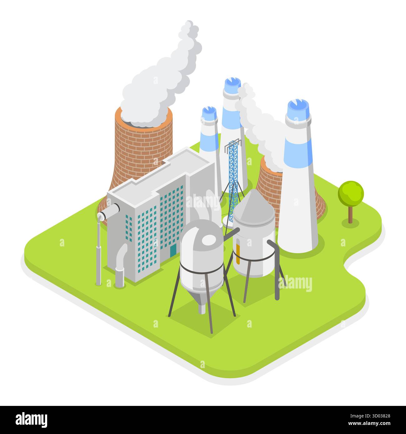Isometrischer 3D-Flachsatz von industriellen Fertigungseinrichtungen, Fabriken und Werken. Punkt 1 Stockfoto