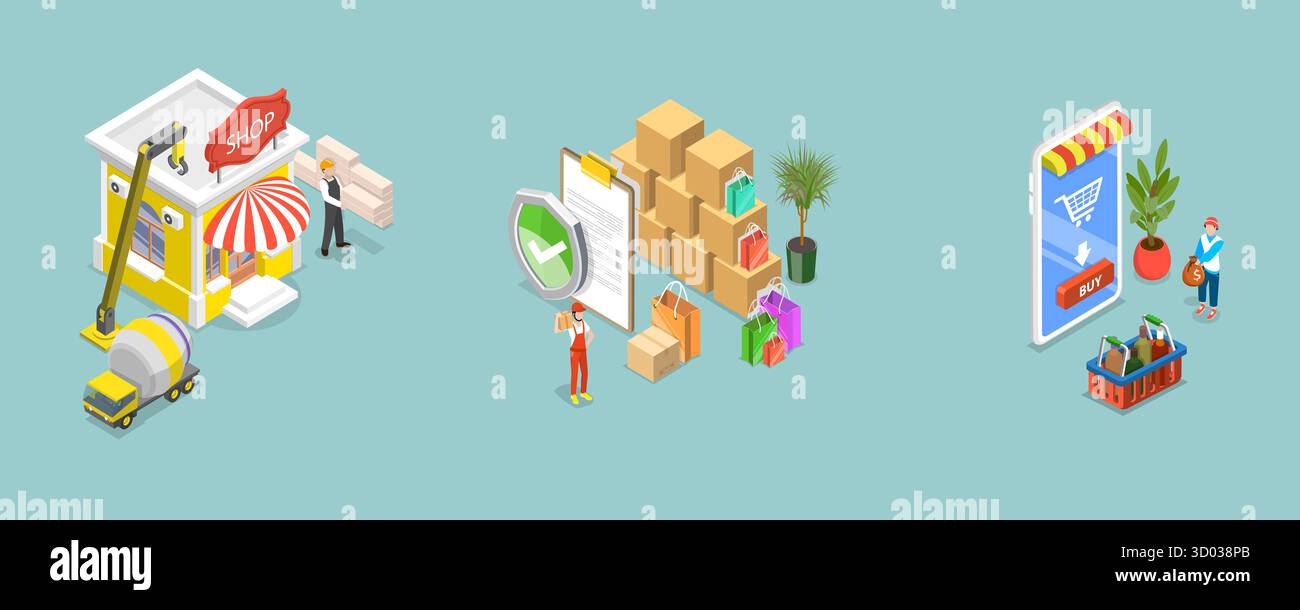 Isometrische, flache, konzeptionelle 3D-Illustration von Einzelhandel, Verkauf von Waren und Dienstleistungen an Verbraucher Stockfoto