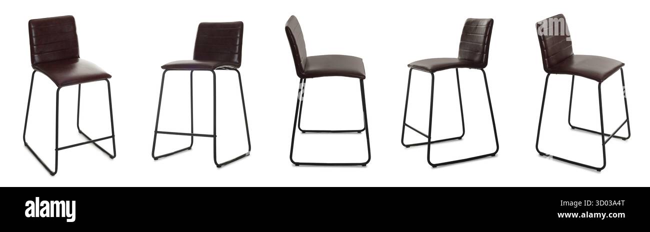 Barhocker isoliert auf weiß, Set. Gebrauchte Möbel Stockfoto