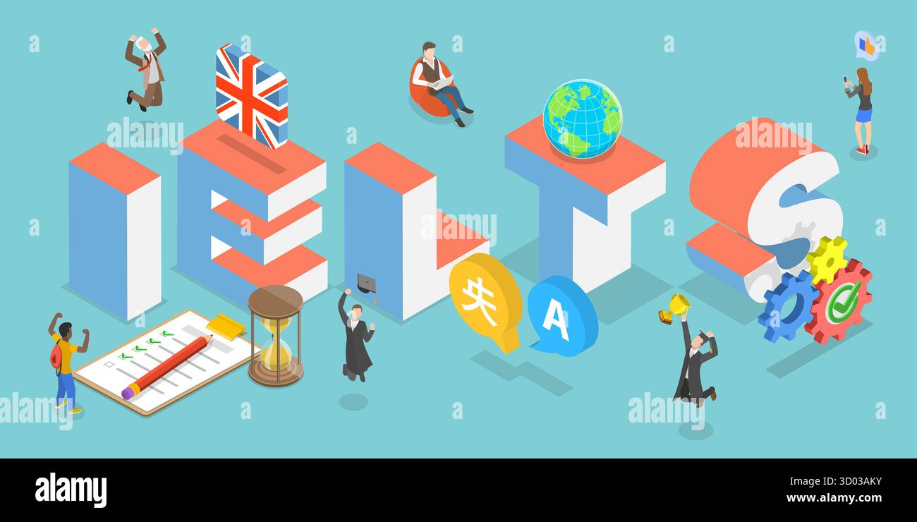 3D Isometrische flache Illustration von IELTS, International English Language Testing System 3D Isometrische flache Illustration von IELTS, International English Language Testing System Stockfoto