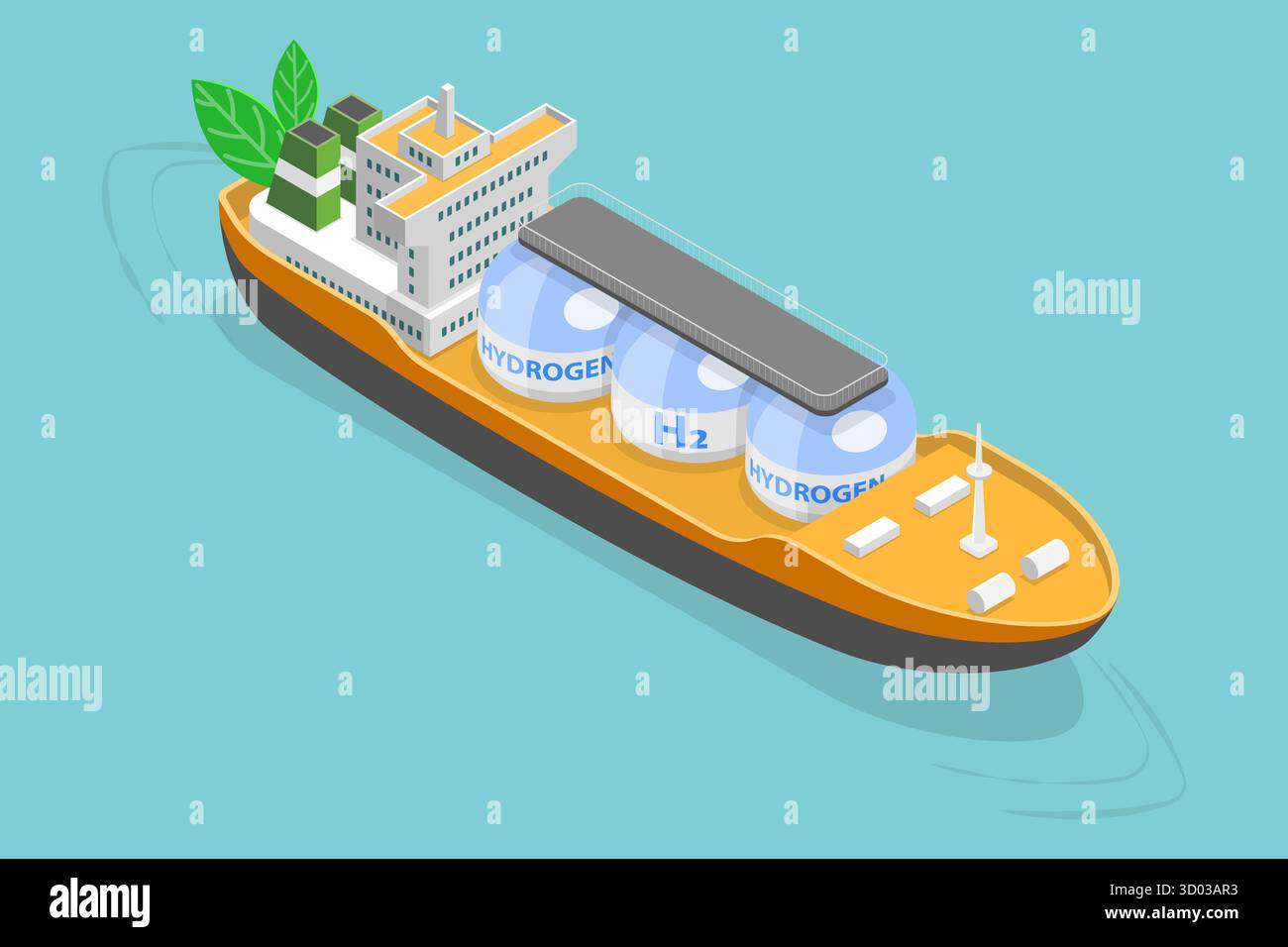 3D Isometrische flache Illustration von grünem Wasserstoffschiff, erneuerbare Energiequellen 3D Isometrische flache Illustration von grünem Wasserstoffschiff, erneuerbare Energiequellen Stockfoto