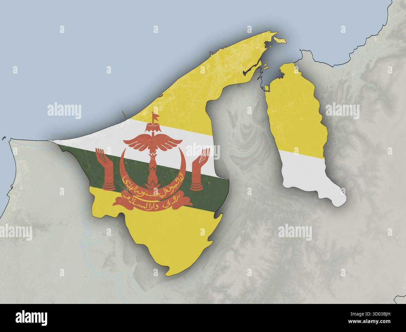 Karte von Brunei Darussalam mit der Nationalflagge überlagert. Elemente dieses Bildes, die von der ESA bereitgestellt werden. Stockfoto