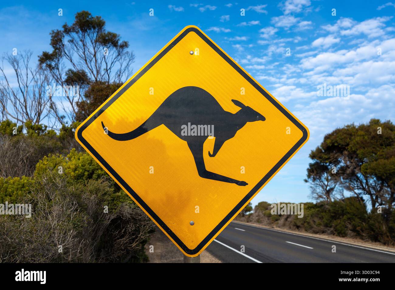 Ein leuchtend gelbes Straßenschild mit Känguru-Silhouette warnt Fahrer vor Wildtieren in Australien. Der Hintergrund zeigt Buschland und einen klaren blauen Himmel Stockfoto Ein leuchtend gelbes Straßenschild mit Känguru-Silhouette warnt Fahrer vor Wildtieren in Australien. Der Hintergrund zeigt Buschland und einen klaren blauen Himmel Stockfoto
