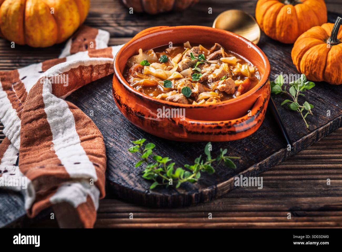 Warmer Eintopf mit Fleisch, Kohl und Kürbis, bequemes Herbstdinner mit ausgewogenen Speisen Stockfoto Warmer Eintopf mit Fleisch, Kohl und Kürbis, bequemes Herbstdinner mit ausgewogenen Speisen Stockfoto