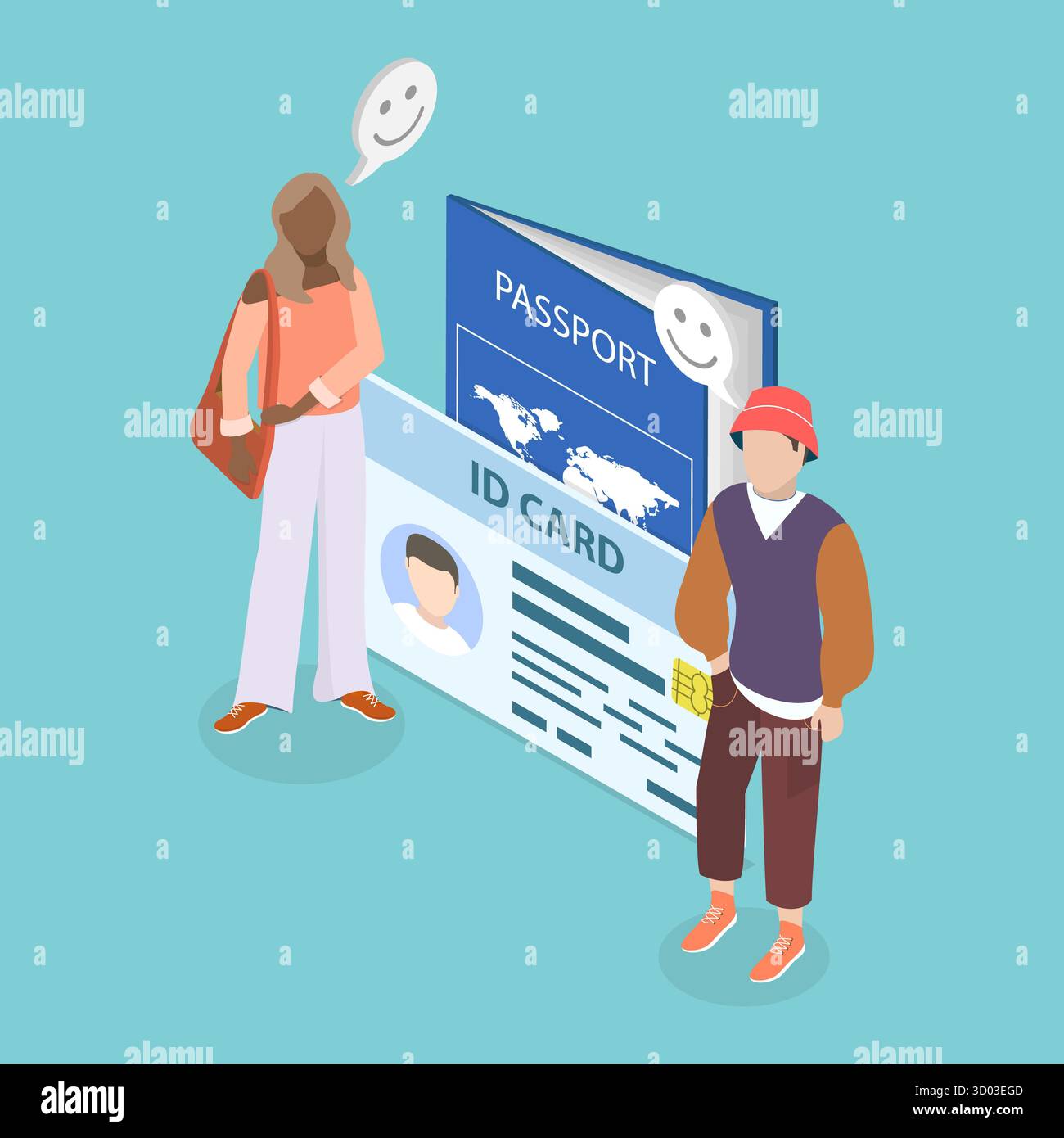 3D Isometrische flache Abbildung des Identifikationsdokuments, Internationale ID 3D Isometrische flache Abbildung des Identifikationsdokuments, Internationale ID Stockfoto