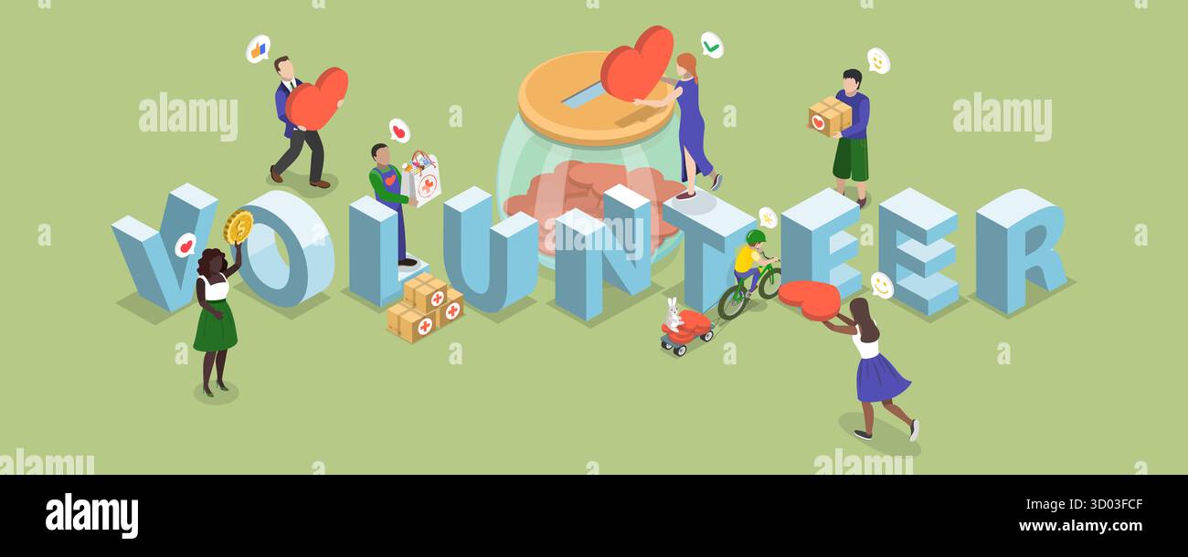 Isometrische 3D-Illustration von Community of Volunteers, Volunteering for A Good Cause, Charity-Konzept. Stockfoto