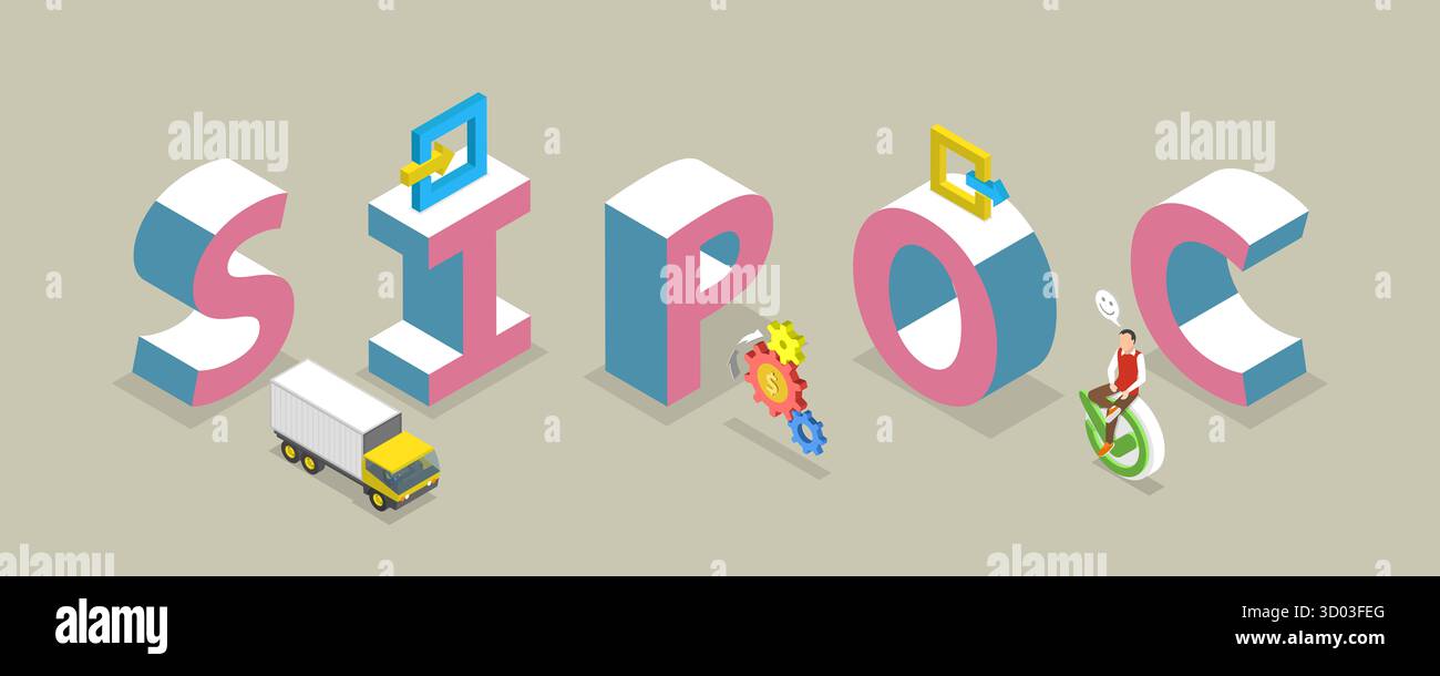 3D Isometrische flache konzeptionelle Darstellung von SIPOC, steht für Lieferant, Input, Process, Output und Customer Stockfoto