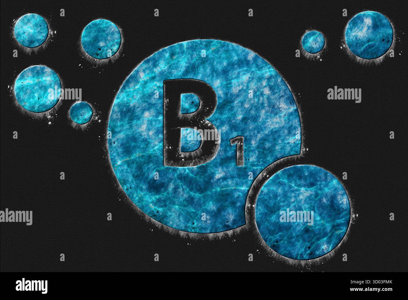 Vitamin B1 Gesundheitssymbol, Vitaminkonzept, Thiamin, Zellwechsel, Schwangerschaft und Stillzeit, Herzfunktion, Nervenzellen, Blaues Symbol Stockfoto