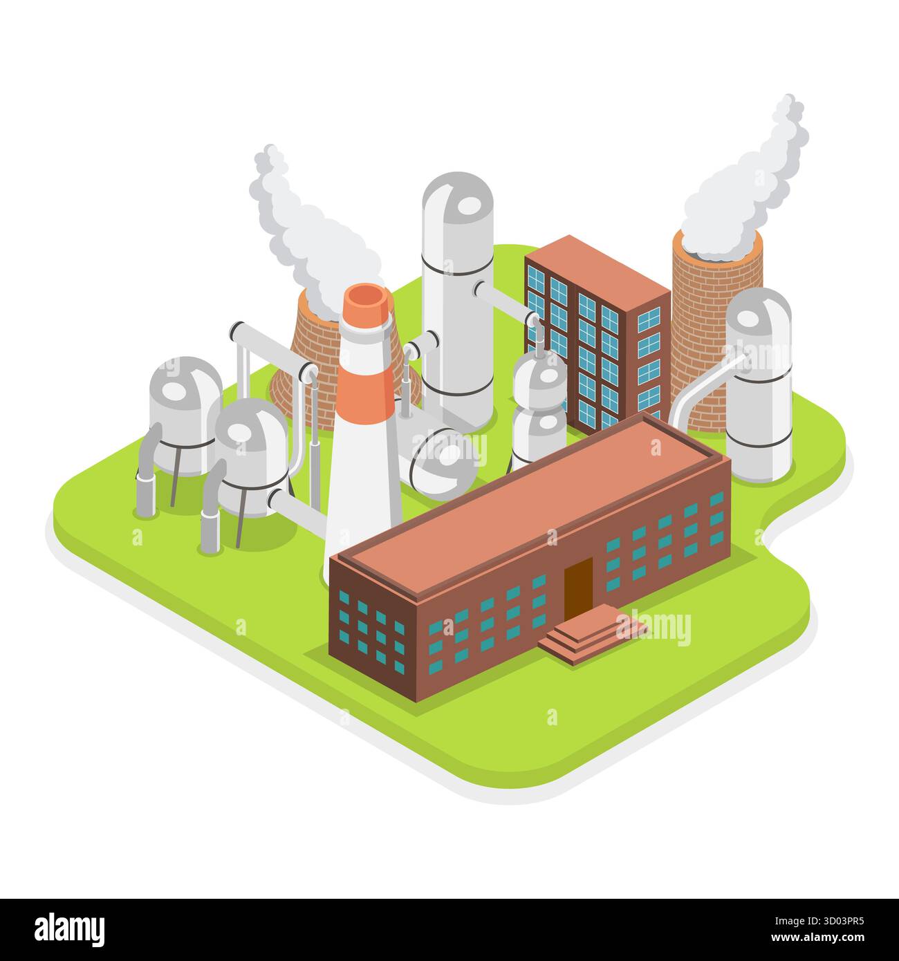 Isometrischer 3D-Flachsatz von industriellen Fertigungseinrichtungen, Fabriken und Werken. Punkt 2 Stockfoto