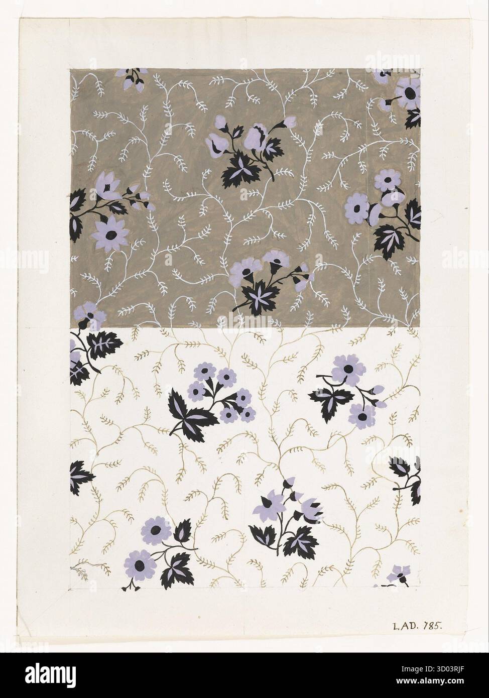 Design for a Printed Textile: Floral, ca. 1801, von Louis-Albert DuBois, Pinsel und Gouache über Graphit auf weißem Webpapier, mit einem zarten sich wiederholenden Muster aus Lavendelblüten und feinen Weinranken auf kontrastierenden hellen und dunklen Hintergründen. Stockfoto
