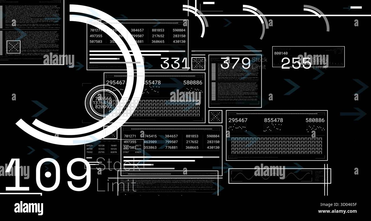 Futuristische Benutzeroberfläche mit schwebenden Bedienfeldern im digitalen HUD mit numerischen Anzeigen Stockfoto