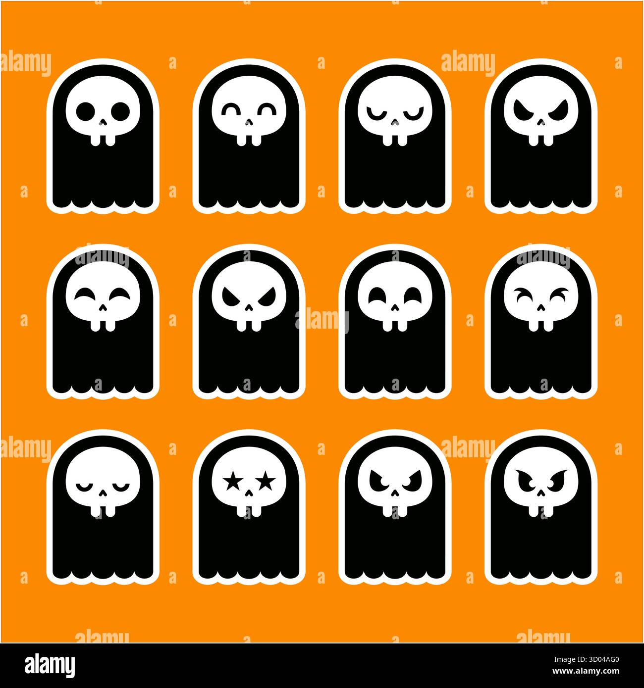 Diese gruseligen Geister eignen sich perfekt für Halloween-Dekorationen, Partyeinladungen oder jedes Projekt, das einen Hauch von Spaß benötigt Stockfoto