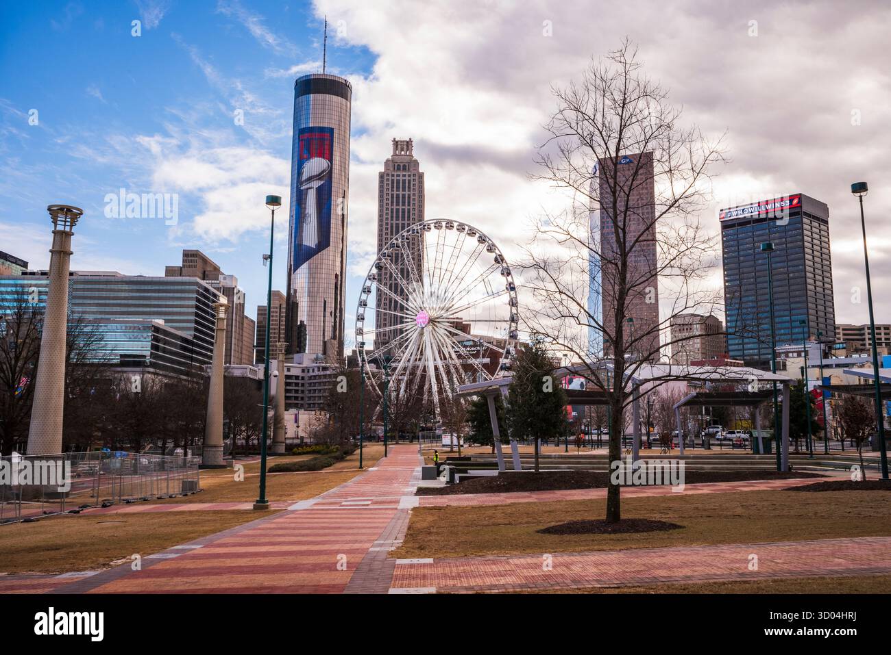 Atlanta, GA USA - 22. Januar 2019: Der Centennial Olympic Park in Downtown Atlanta ist ein 22 Hektar großer öffentlicher Park, der für die Olympischen Sommerspiele 1996 erbaut wurde. Stockfoto