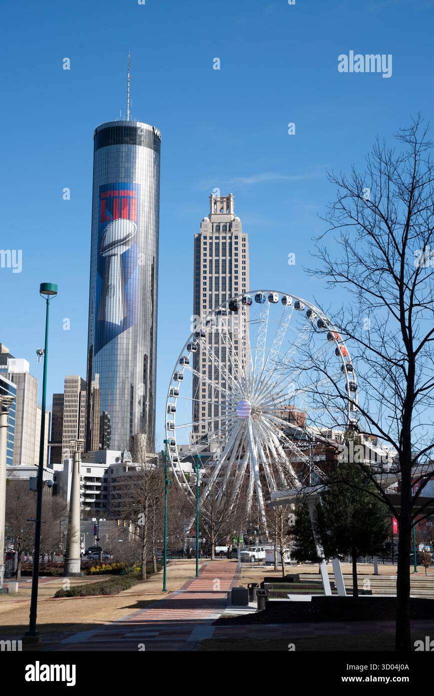 Atlanta, GA USA - 22. Januar 2019: Der Centennial Olympic Park in Downtown Atlanta ist ein 22 Hektar großer öffentlicher Park, der für die Olympischen Sommerspiele 1996 erbaut wurde. Stockfoto