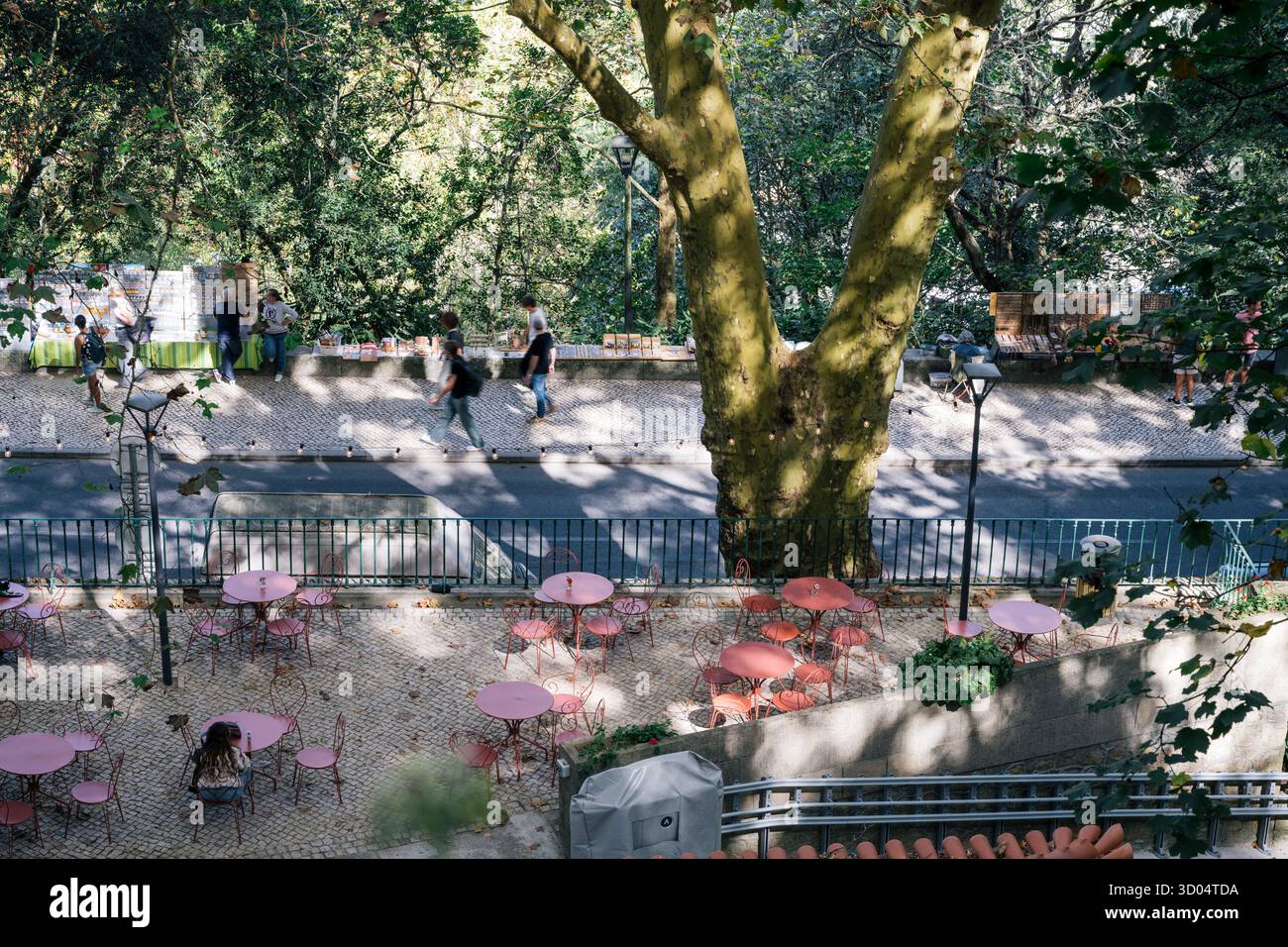 Charmantes Café im Freien mit rosa Metalltischen und Stühlen, beschattet von einem großen Baum in der Nähe einer Kopfsteinpflasterstraße in Sintra, Lissabon, Portugal, auf Octo Stockfoto