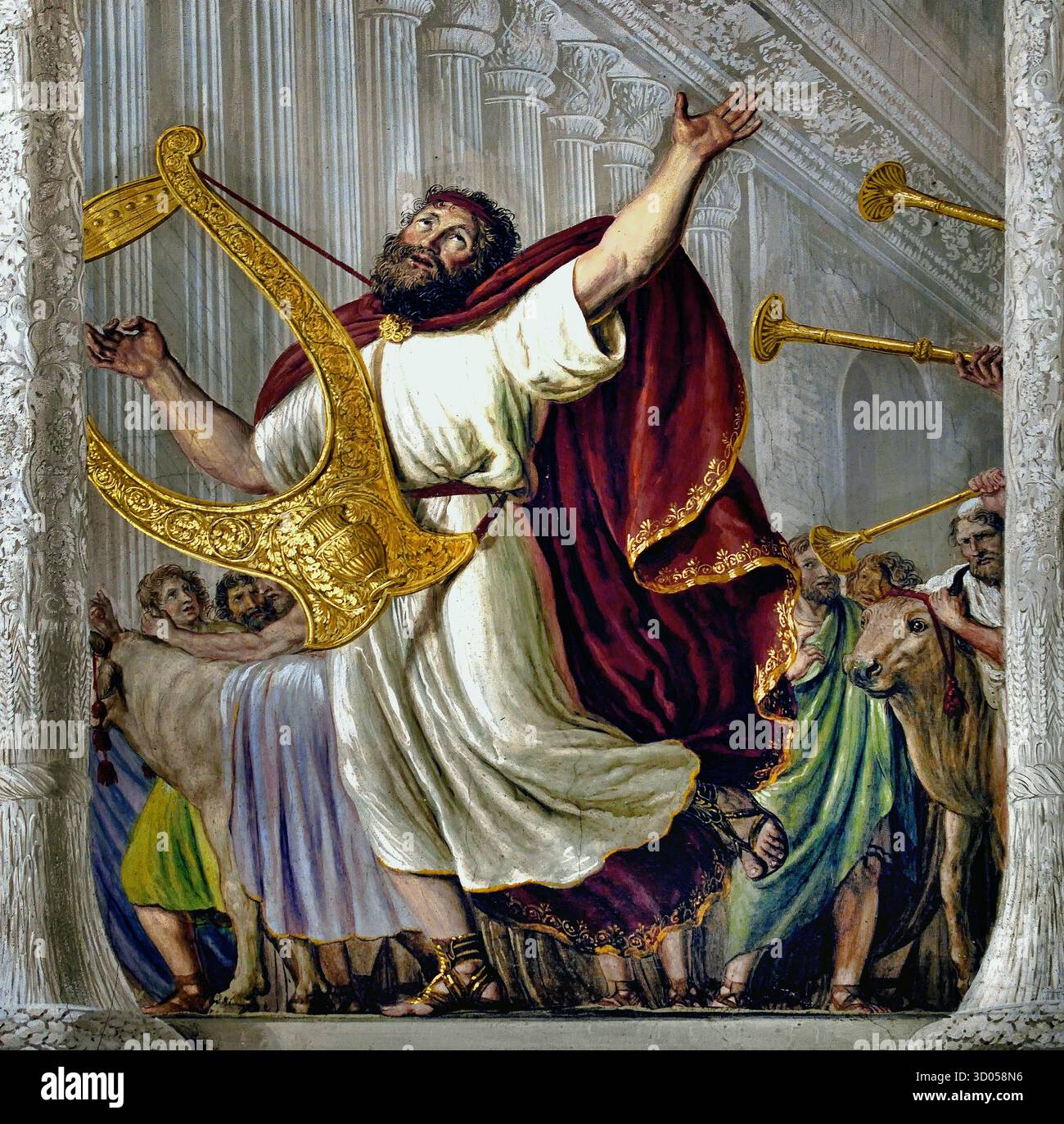 David im Zimmer der Arche Pitti Palace Florenz Italien von Giovanni Battista Caracciolo (Battistello) 1578 - 1635 17. 1816, die Decke wurde von Luigi Ademollo 1764 Fresken - 1849 mit Noah eingabe David im Raum Jerusalem mit der Arche (die Lade des Bundes - Lade des Zeugnisses) ist ein Gold - überdachte hölzerne Truhe mit Deckel im Buch Exodus als enthalten die beiden steinernen Tafeln der Zehn Gebote beschrieben. Stockfoto